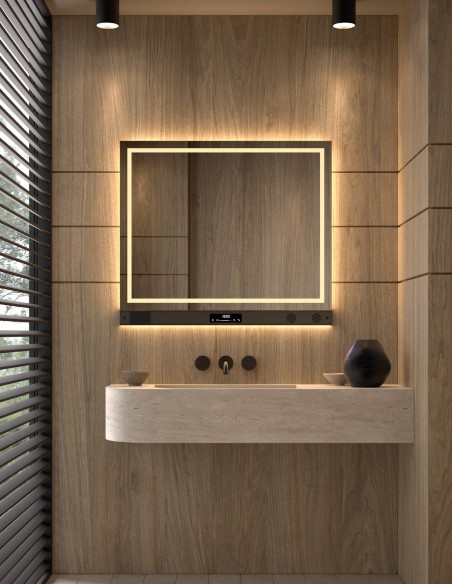 Espejo de baño LED Santiago de Dyled con barra multifunción, 100-120 cm