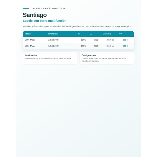 Espejo de baño LED Santiago de Dyled con barra multifunción, 100-120 cm