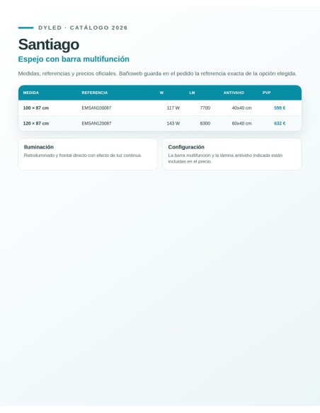 Espejo de baño LED Santiago de Dyled con barra multifunción, 100-120 cm