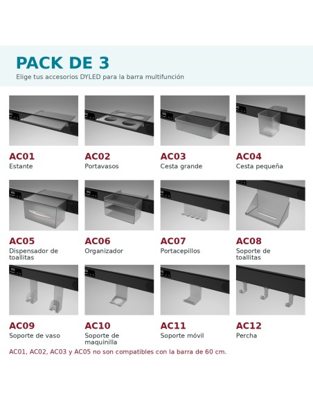 Pack de 3 accesorios DYLED para espejo con barra multifunción