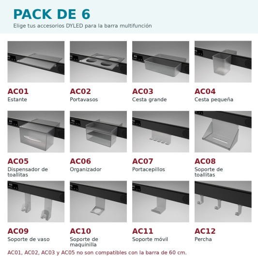 Pack de 6 accesorios DYLED para espejo con barra multifunción
