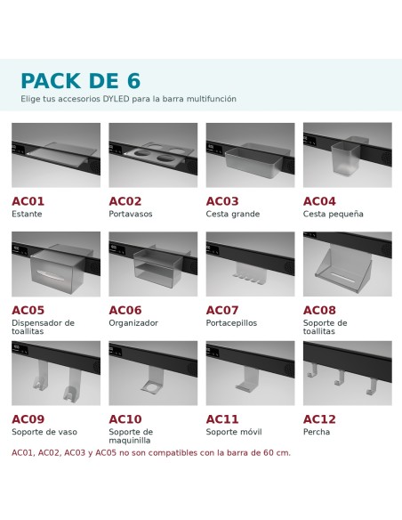 Pack de 6 accesorios DYLED para espejo con barra multifunción
