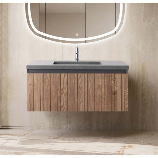 Conjunto de baño Eron 100 cm suspendido de Armobany en Roble con lavabo y espejo LED