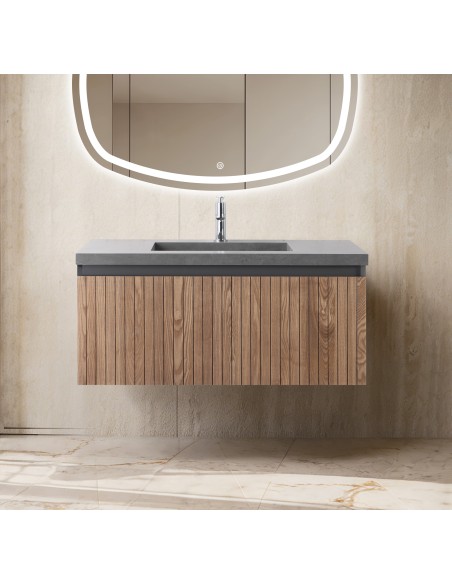 Conjunto de baño Eron 100 cm suspendido de Armobany en Roble con lavabo y espejo LED