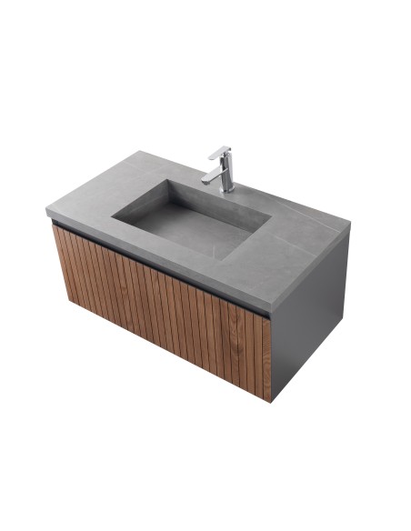 Conjunto de baño Eron 100 cm suspendido de New Bath en Roble con lavabo y espejo LED