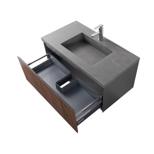 Conjunto de baño Eron 100 cm suspendido de New Bath en Roble con lavabo y espejo LED