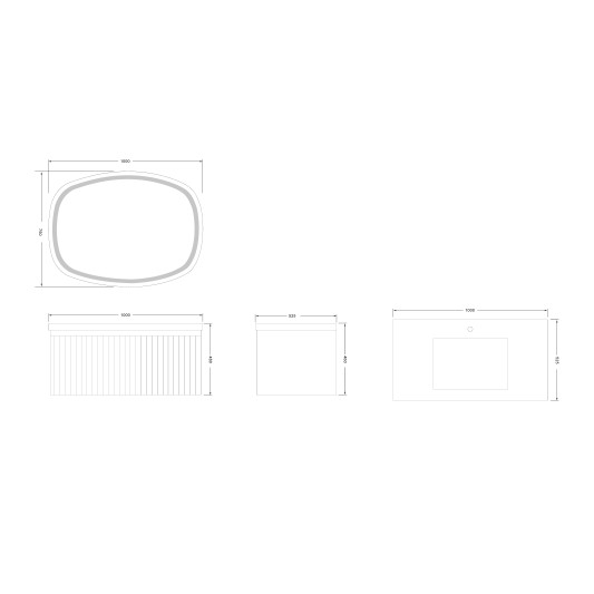 Conjunto de baño Eron 100 cm suspendido de Armobany en Roble con lavabo y espejo LED · Plano técnico