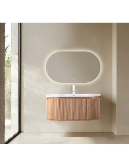Conjunto de baño Legna 100 cm suspendido de New Bath en Roble con lavabo y espejo LED