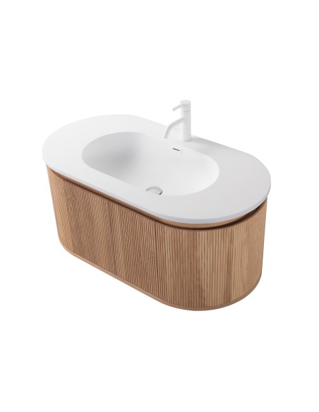 Conjunto de baño Legna 100 cm suspendido de New Bath en Roble con lavabo y espejo LED