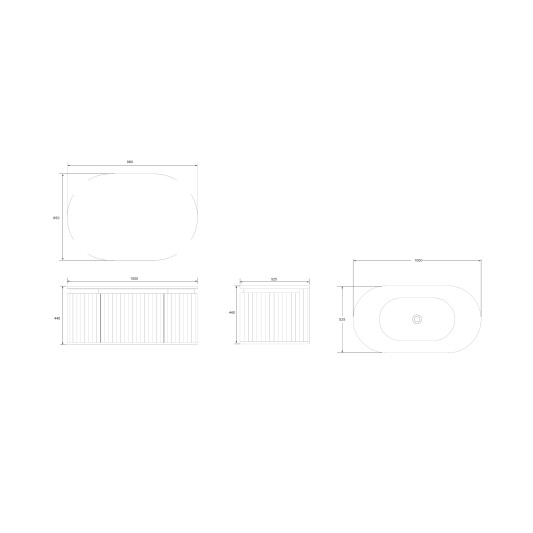 Conjunto de baño Legna 100 cm suspendido de Armobany en Roble con lavabo y espejo LED · Plano técnico
