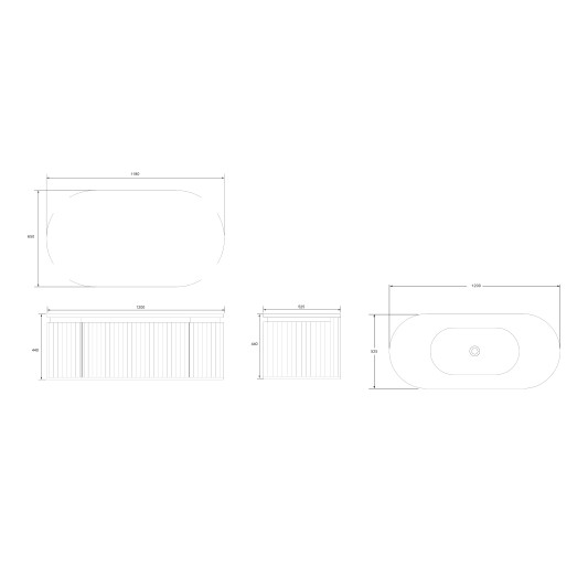 Conjunto de baño Legna 120 cm suspendido de Armobany en Roble con lavabo y espejo LED · Plano técnico