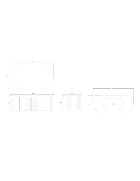 Conjunto de baño Legna 120 cm suspendido de New Bath en Roble con lavabo y espejo LED · Plano técnico