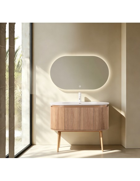 Conjunto de baño Legna 100 cm con patas de New Bath en Roble con lavabo y espejo LED