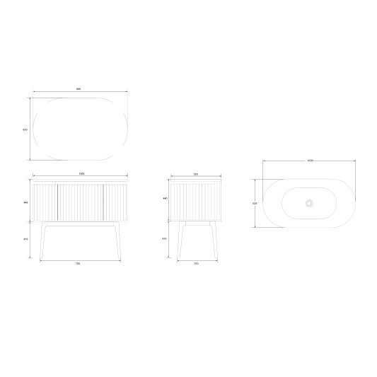 Conjunto de baño Legna 100 cm con patas de New Bath en Roble con lavabo y espejo LED · Plano técnico