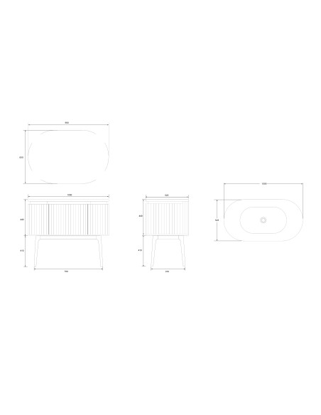 Conjunto de baño Legna 100 cm con patas de Armobany en Roble con lavabo y espejo LED · Plano técnico