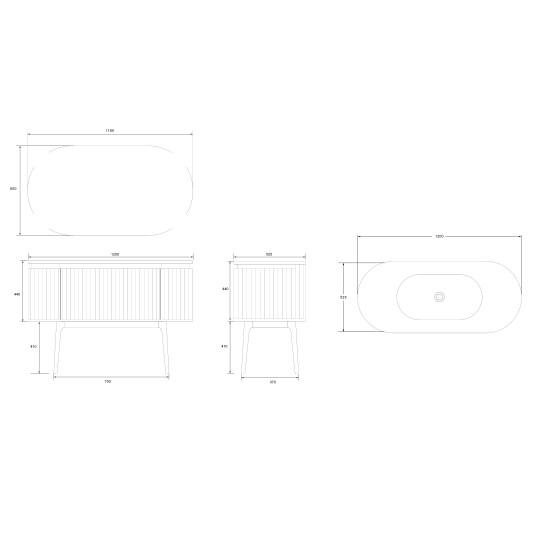Conjunto de baño Legna 120 cm con patas de Armobany en Roble con lavabo y espejo LED · Plano técnico