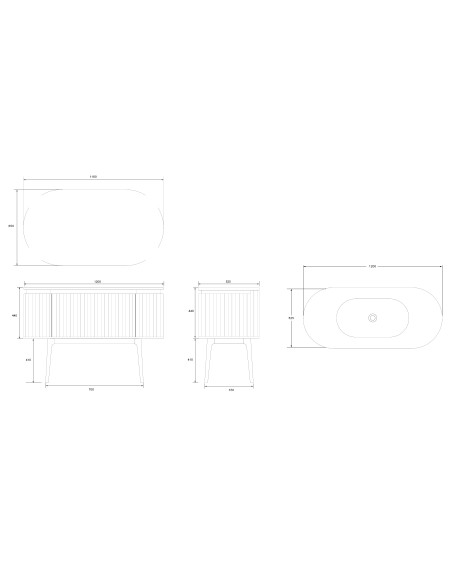 Conjunto de baño Legna 120 cm con patas de Armobany en Roble con lavabo y espejo LED · Plano técnico