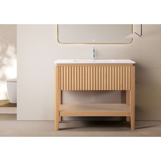 Conjunto de baño Natura 100 cm con patas de New Bath en Roble con lavabo y espejo LED
