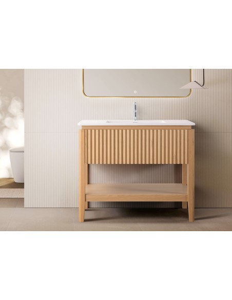 Conjunto de baño Natura 100 cm con patas de Armobany en Roble con lavabo y espejo LED
