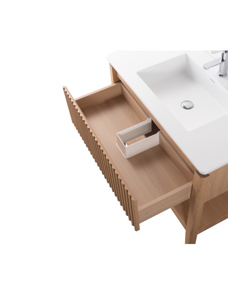 Conjunto de baño Natura 100 cm con patas de New Bath en Roble con lavabo y espejo LED