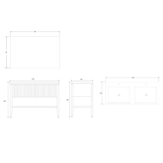 Conjunto de baño Natura 120 cm con patas de Armobany en Roble con lavabo y espejo LED · Plano técnico