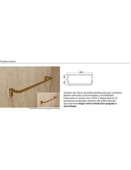 Ficha técnica y medidas - Toallero de baño de 40 cm cromo Aura de Medimex CAA006-03