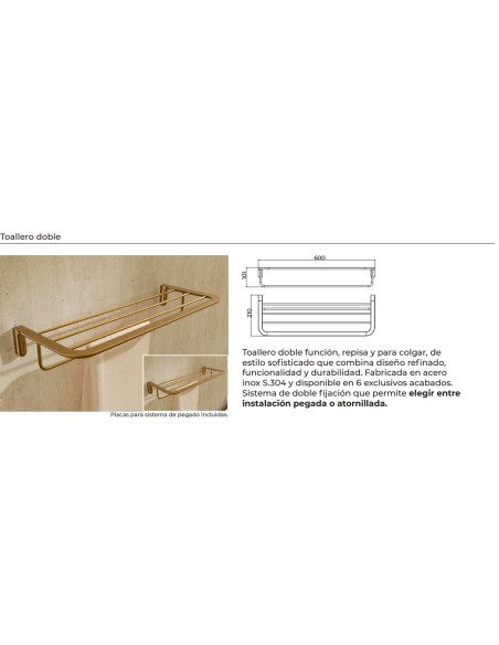 Ficha técnica y medidas - Toallero doble de baño negro mate Aura de Medimex CAA006-05/NG