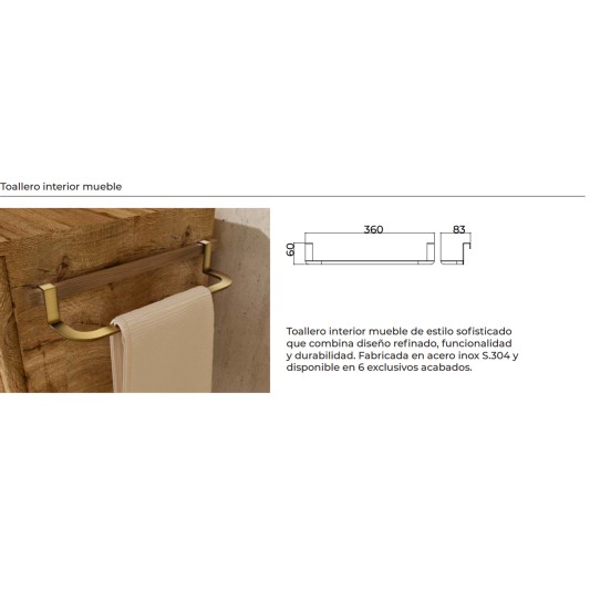 Ficha técnica y medidas - Toallero interior para mueble de baño cromo Aura de Medimex CAA006-10
