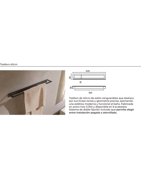 Ficha técnica y medidas - Toallero de baño de 40 cm níquel cepillado Form de Medimex CAF008-03/NQ