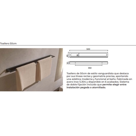 Ficha técnica y medidas - Toallero de baño de 50 cm cromo Form de Medimex CAF008-04