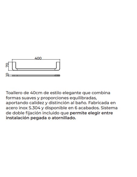 Ficha técnica y medidas - Toallero de baño de 40 cm níquel cepillado Nova de Medimex CAN007-03/NQ