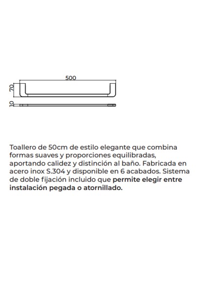 Ficha técnica y medidas - Toallero de baño de 50 cm níquel cepillado Nova de Medimex CAN007-04/NQ