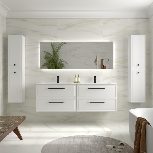 SALGAR RUNA Mueble de baño suspendido con lavabo Vilna 160 2 pozas Solid Surface 4 colores - Blanco Mate