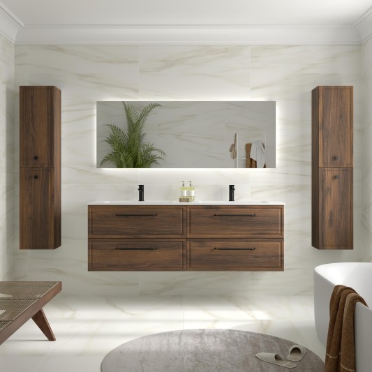 SALGAR RUNA Mueble de baño suspendido con lavabo Vilna 160 2 pozas Solid Surface 4 colores - Nogal