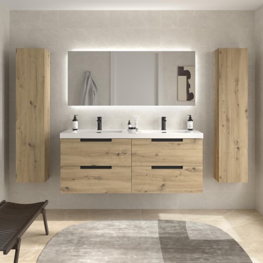 SALGAR LENI Mueble de baño suspendido con lavabo Toscana 140 2 pozas carga mineral 4 colores - Roble