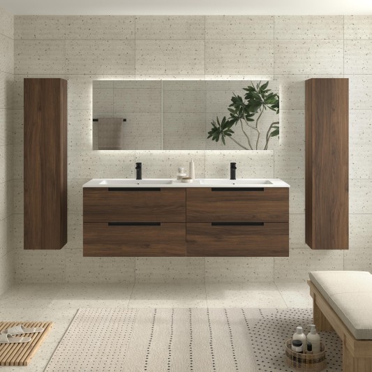 SALGAR LENI Mueble de baño suspendido con lavabo Vilna 160 2 pozas Solid Surface 4 colores - Nogal
