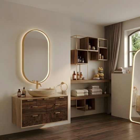 Espejo de baño B-Venus de Bath Stage, marco oro viejo cepillado y luz LED, 50x90 cm