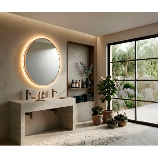 Espejo circular B-Cronos de Bath Stage, marco oro viejo y luz LED, Ø60-80 cm