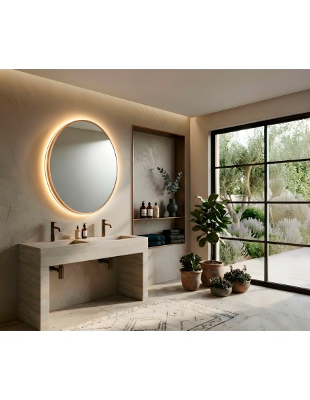 Espejo circular B-Cronos de Bath Stage, marco oro viejo y luz LED, Ø60-80 cm