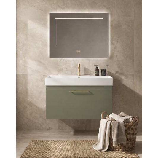Mueble Elena ONE de un cajón, ambiente en verde oliva (recreación)