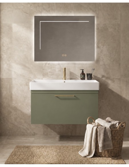 Mueble Elena ONE de un cajón, ambiente en verde oliva (recreación)