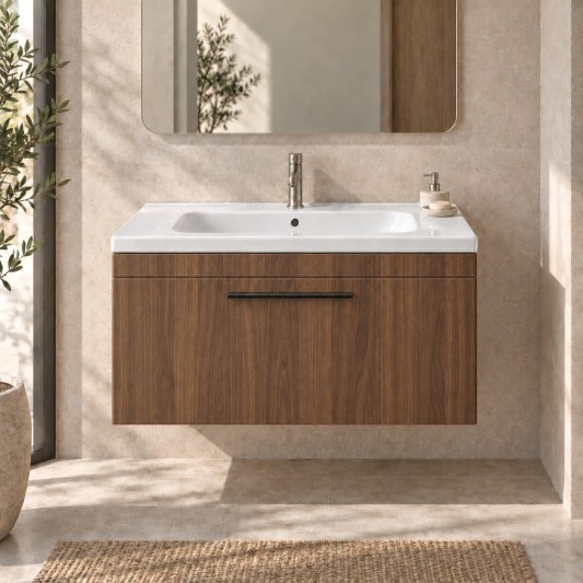 Mueble Elena TWO de un cajón, ambiente en nogal (recreación)
