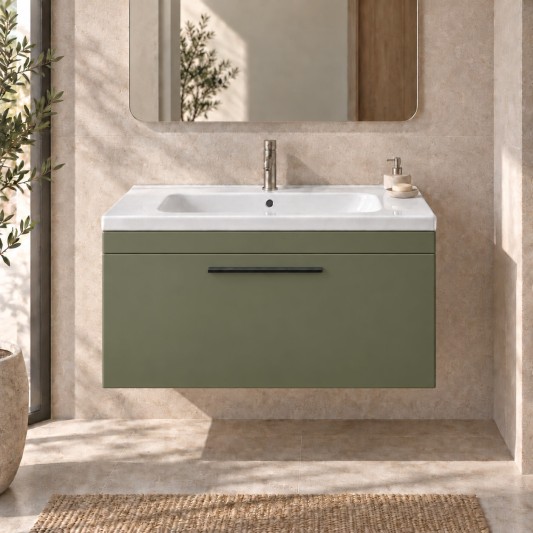 Mueble Elena TWO de un cajón, ambiente en verde oliva (recreación)