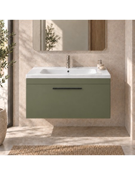 Mueble Elena TWO de un cajón, ambiente en verde oliva (recreación)