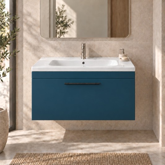 Mueble Elena TWO de un cajón, ambiente en azul petróleo (recreación)