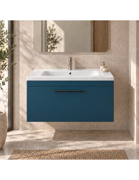 Mueble Elena TWO de un cajón, ambiente en azul petróleo (recreación)