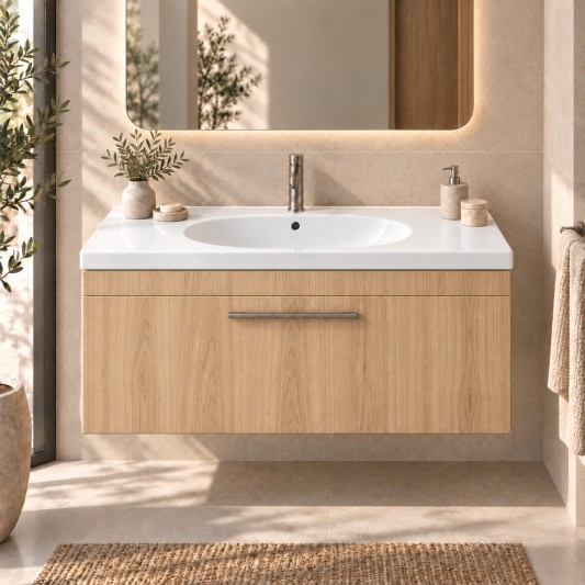 Mueble Elena THREE de un cajón, ambiente en roble claro (recreación)