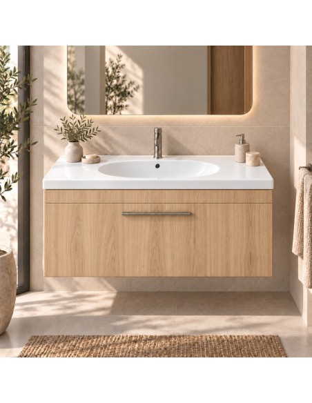 Mueble Elena THREE de un cajón, ambiente en roble claro (recreación)
