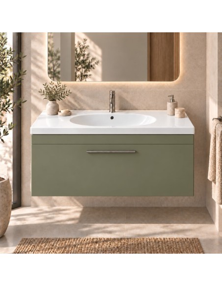 Mueble Elena THREE de un cajón, ambiente en verde oliva (recreación)