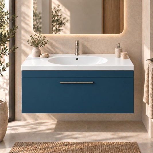 Mueble Elena THREE de un cajón, ambiente en azul petróleo (recreación)